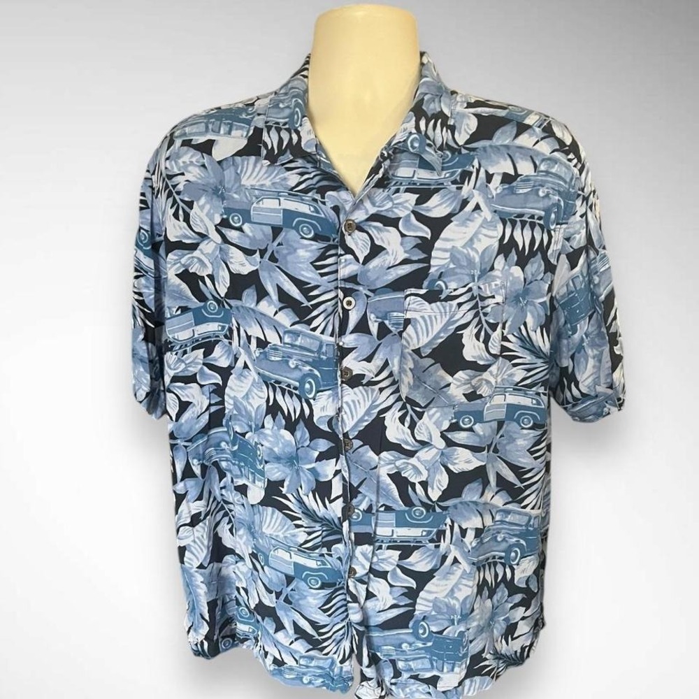 PANAMA JACK Blue Hawaiian Floral Car Short Sleeve Button Down Shirt Shirt | EUC